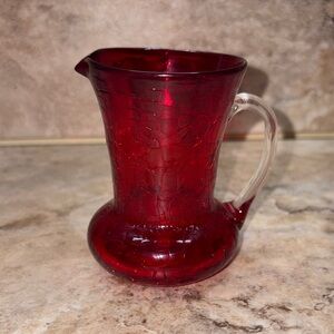Vintage Pilgrim Glass Pitcher Red Crackle Glass Clear Handle 3 1/2"